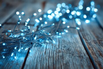 Close-up of blue Christmas lights across weathered wooden planks, bokeh