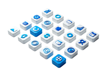 Collection of diverse blue digital icons arranged in a grid on a white background, representing technology and data