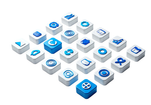 Collection of diverse blue digital icons arranged in a grid on a white background, representing technology and data - Powered by Adobe