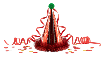 Red party hat with green pompom and red streamers and confetti isolated on a transparent background image