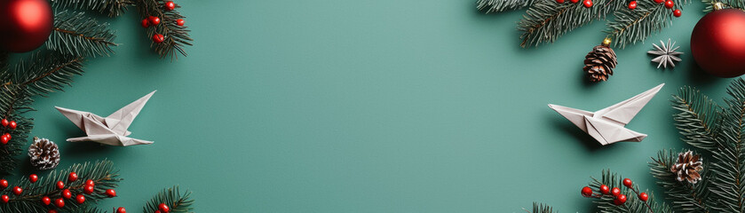 Christmas origami bird decoration with pine branch, red ornament, pinecone and berry on green background, festive and joyful holiday scene