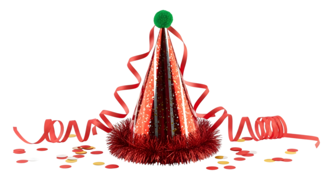 Red party hat with green pompom and red streamers and confetti isolated on a transparent background image
