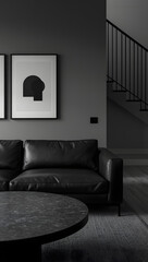 Modern living room with black sofa and minimalist decor