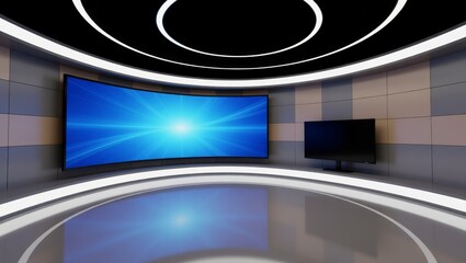 Modern studio with curved screen and blue light display