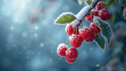 Branch of red fruit covered in snow