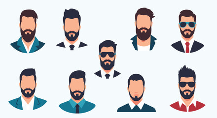 Collection of diverse male avatars with various beard styles and fashionable outfits.