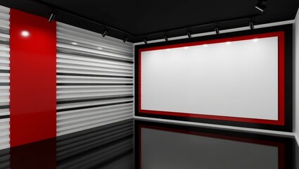 Modern presentation room with blank screen and striped walls