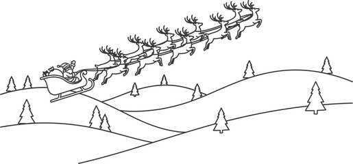 Santa claus reindeer sleigh christmas winter holiday snow trees outline drawing