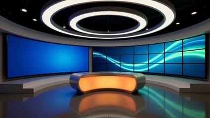Modern news studio with curved desk and blue screens