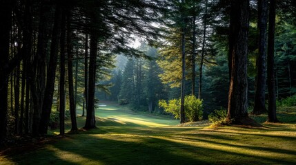 Fototapeta premium Serene Morning Light Glimmers Through Forest Trees on a Golf Course Surrounded by Nature's Tranquility and Vibrant Greenery