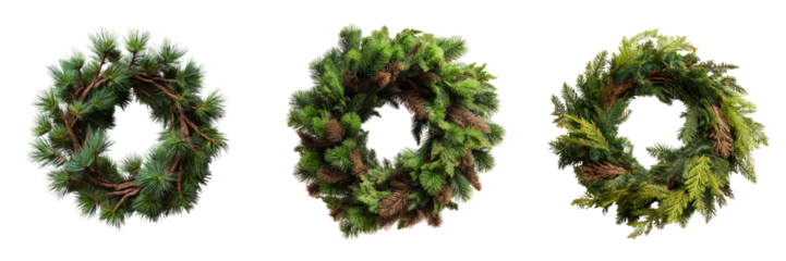 Festive green wreaths on transparent background for holiday decoration inspiration