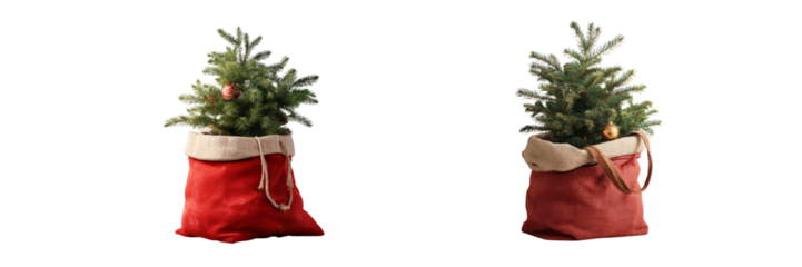 Christmas tree in red bag with transparent background holiday decor studio setting close-up