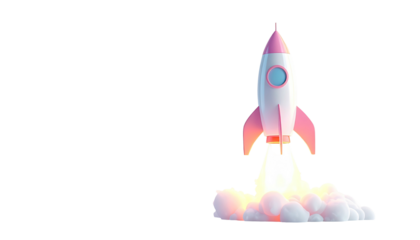 Cartoonish rocket launching, white/pink, smoke rising