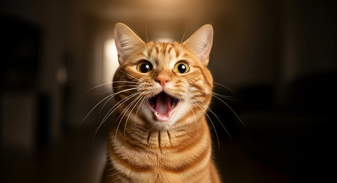 Surprised ginger cat with wide eyes and an open mouth staring intently - Powered by Adobe