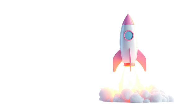 Cartoonish rocket launching, white/pink, smoke rising