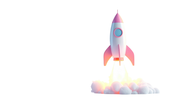 Cartoonish rocket launching, white/pink, smoke rising
