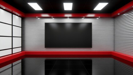 Studio with large screen and red striped walls