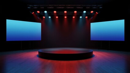 Stage with circular platform and dual screens under red blue lights
