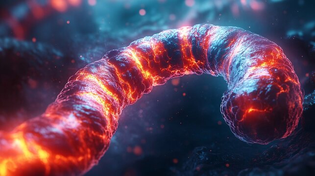 An abstract rendering showing a tubular, biological structure with intense internal light. This image captures organic texture, and the glowing center suggests a potent cellular reaction.