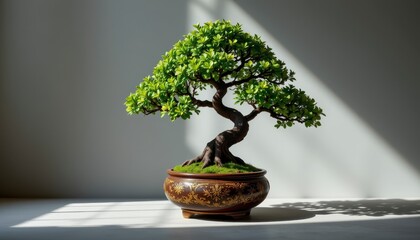 Beautiful Bonsai Tree Growing in Decorative Pot with Natural Light and Shadows Creating a Calming Indoor Ambiance
