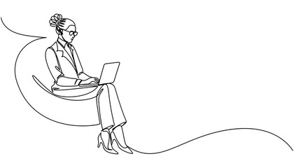 Woman working on laptop continuous line drawing vector design