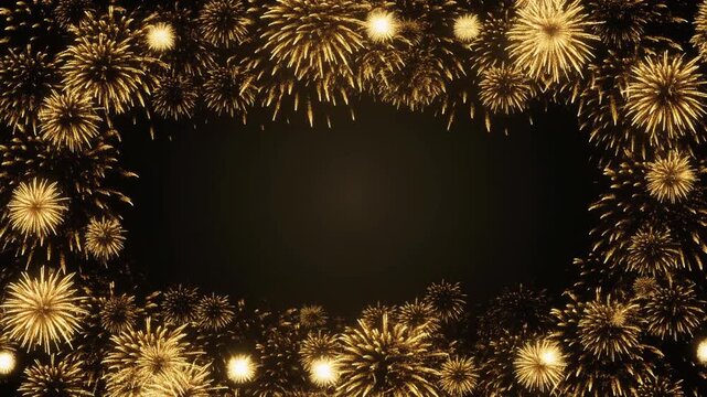Luxury golden fireworks forming a soft glowing border on a black background. Elegant sparkling motion with a large clean copyspace for premium festive messaging