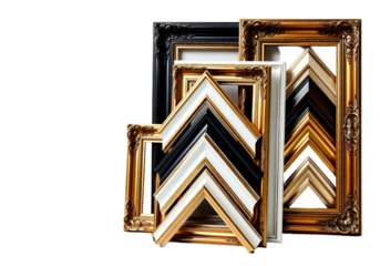 A diverse collection of ornate and modern picture frame corner samples in black, white, and gold, stacked together as decorative digital art templates isolated on a clean white background