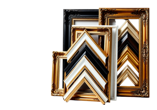 A diverse collection of ornate and modern picture frame corner samples in black, white, and gold, stacked together as decorative digital art templates isolated on a clean white background
