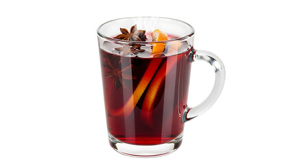 A clear glass mug filled with mulled wine garnished with orange slices and star anise on black background