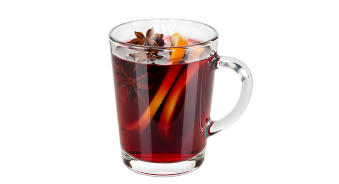 A clear glass mug filled with mulled wine garnished with orange slices and star anise on black background