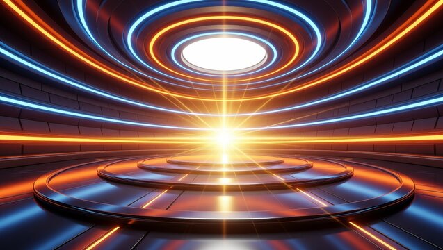 Futuristic circular platform with glowing neon rings - Powered by Adobe