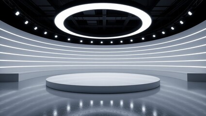 Modern minimalist studio with circular platform and LED lighting