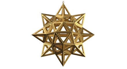 A golden star ornament consisting of many triangles hanging against a black background space