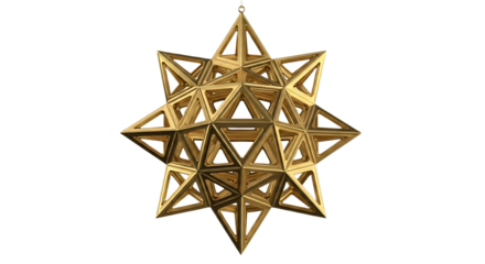 A golden star ornament consisting of many triangles hanging against a black background space