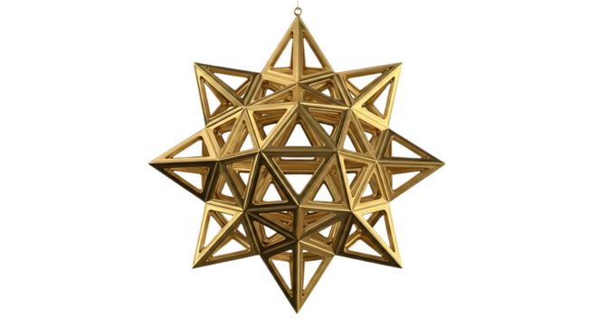 A golden star ornament consisting of many triangles hanging against a black background space