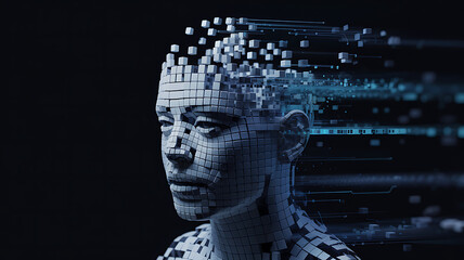 Digital world map with binary code surrounds an ancient marble bust of a woman's face representing the electronic brain of the digital world