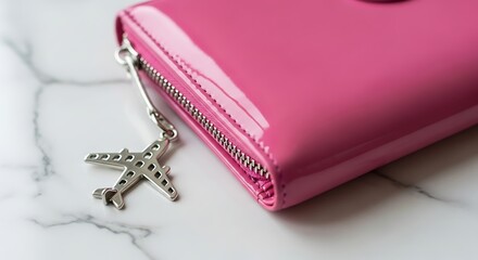 Stylish pink patent leather purse with a silver airplane charm, symbolizing a passion for travel and adventure