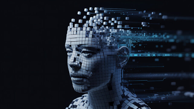 Digital world map with binary code surrounds an ancient marble bust of a woman's face representing the electronic brain of the digital world
