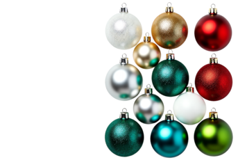 A colorful assortment of shiny Christmas holiday baubles. These iconic festive decorations in red, green, gold, and silver are isolated on a clean white background, creating a perfect graphic element