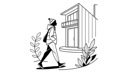 Modern home design with person walking illustration vector