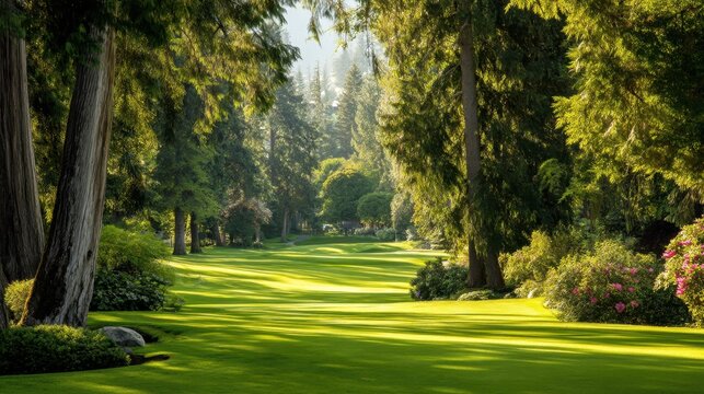 Serene Golf Course Landscape Surrounded by Lush Greenery and Majestic Trees in Bright Natural Light - Powered by Adobe