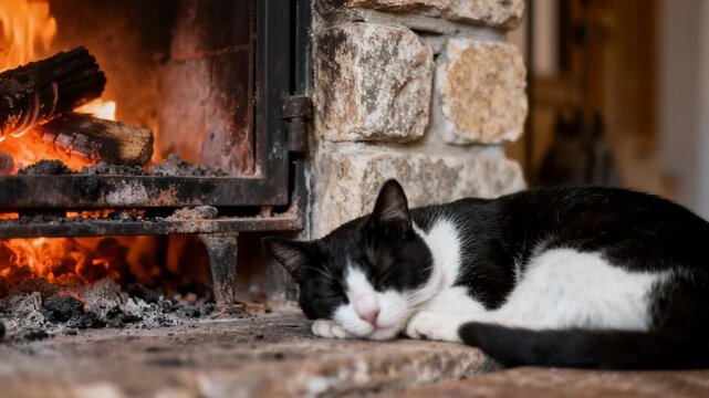 A serene black and white cat naps peacefully on a stone hearth, cozy by a warm fireplace with logs ablaze