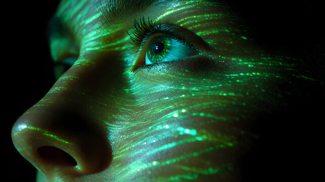Illuminated Gaze: An intimate close-up of a person's eye and face, with vibrant green light patterns illuminating the skin, evoking a sense of mystery and technological integration.