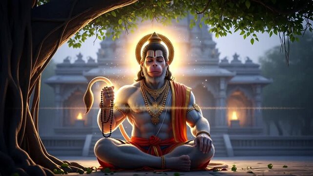 Serene Hanuman Meditating Under Tree Near Temple with Golden Aura