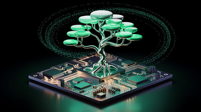 Digital money on a computer circuit board with green screen and electronic components for data storage - Powered by Adobe