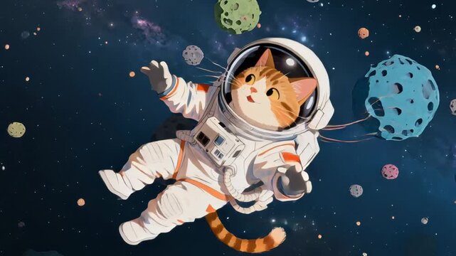 A tabby cat in an astronaut suit floats in space surrounded by colorful asteroids and twinkling stars