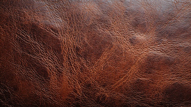A close-up shot of rich, textured brown leather. The intricate details of the natural material are clearly visible