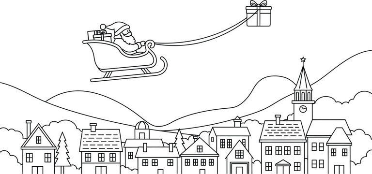 Santa claus christmas holiday winter sleigh gifts presents town cityscape snow eve