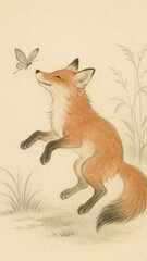 Obraz premium Fox leaping towards butterfly