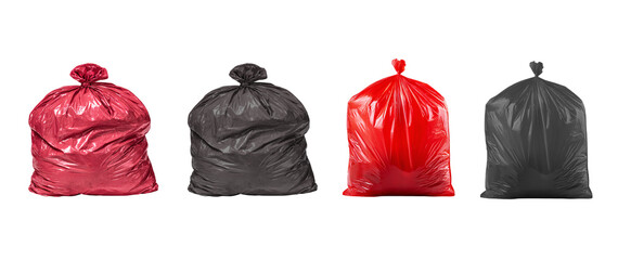 Four colorful garbage bags for waste management use on transparent background